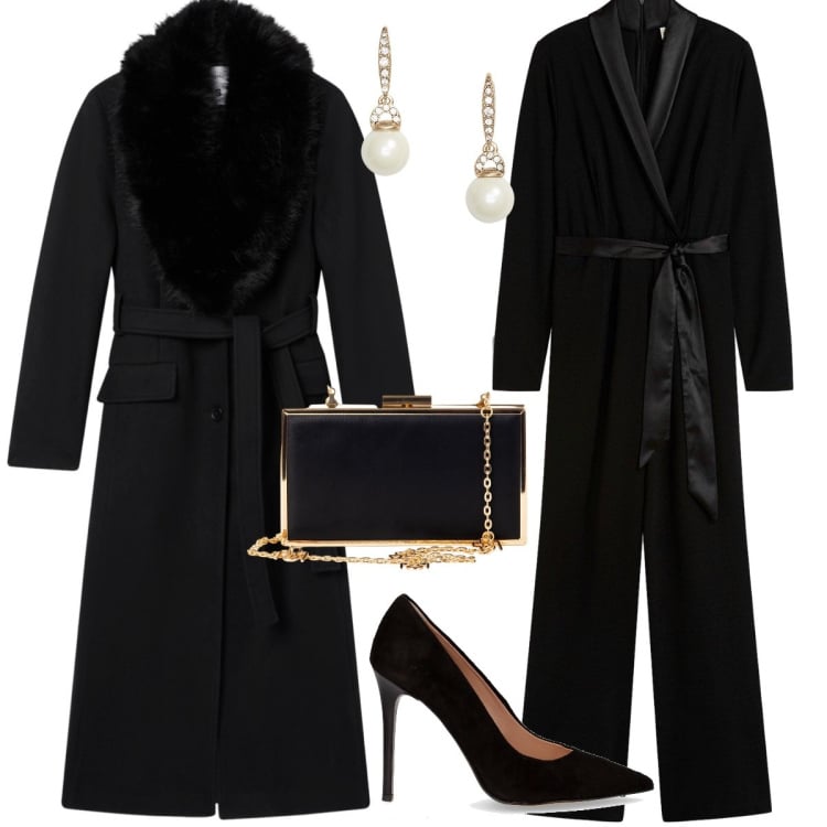 Outfit donna - Serata fuori. Stile Chic per Serata fuori. Abbinamento con tute, cappotti, pochette, orecchini, décolleté.