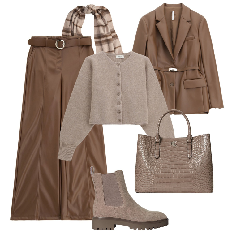 Outfit donna - Tortora e tabacco H24. Stile Casual chic per Tutti i giorni. Abbinamento con pantaloni, blazer, cardigans, stivaletti chelsea, borse a mano, sciarpe.