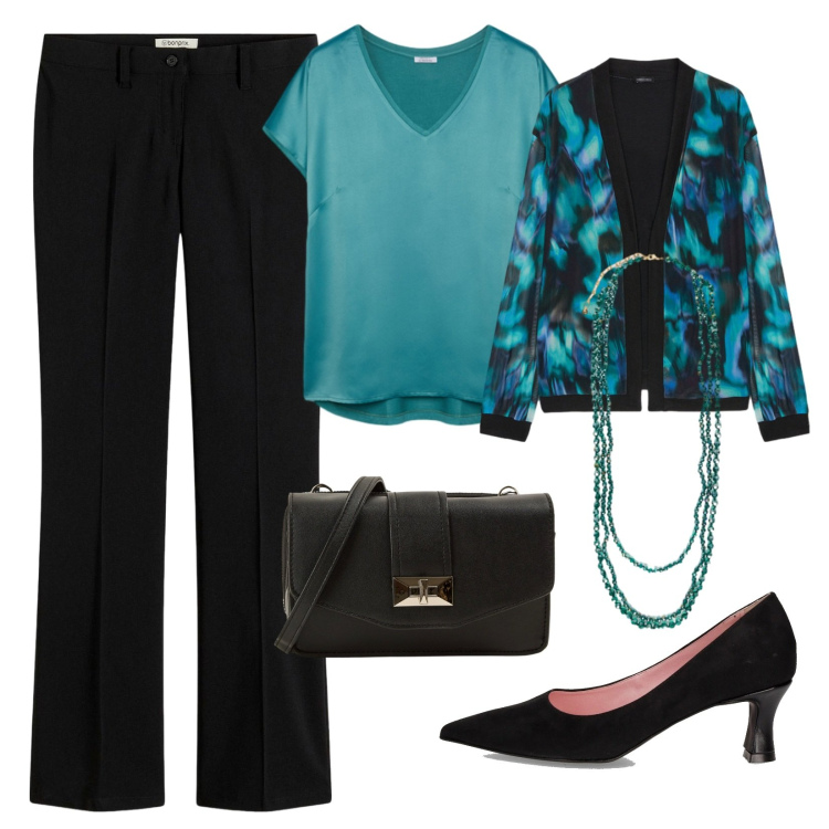 Outfit donna - Ottanio Power!. Stile Casual chic per Serata fuori. Abbinamento con pantaloni, borse a tracolla, blazer, décolleté, collane, bluse.