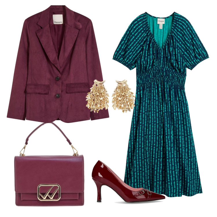 Outfit donna - Total look #2258971. Stile Casual chic per Ufficio. Abbinamento con vestiti midi/longuette, blazer, orecchini, borse a tracolla, décolleté.