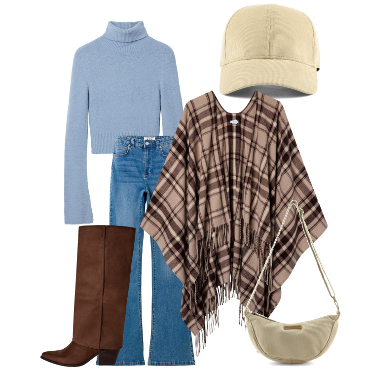 Outfit donna - Autumn casual. Stile Casual per Tutti i giorni. Abbinamento con cappotti, jeans a zampa, maglieria, stivali sopra il ginocchio, borse a tracolla, cappelli con visiera.
