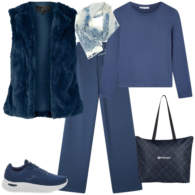 Outfit donna - Total look #2258974. Stile Sporty chic per Tutti i giorni. Abbinamento con gilet, t-shirt, pantaloni, shopping bag, sneakers, foulard.