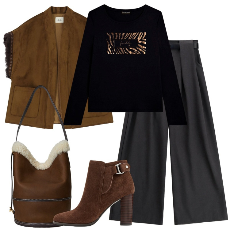 Outfit donna - Borsa secchiello. Stile Basic per Serata fuori. Abbinamento con t-shirt, gilet, pantaloni a palazzo, stivaletti, borse a spalla.