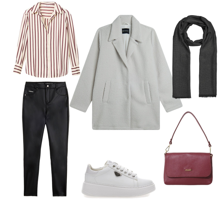 Outfit donna - Post lavoro. Stile Urban per Tutti i giorni. Abbinamento con camicie, foulard, cappotti, pantaloni skinny, borse a tracolla, sneakers.