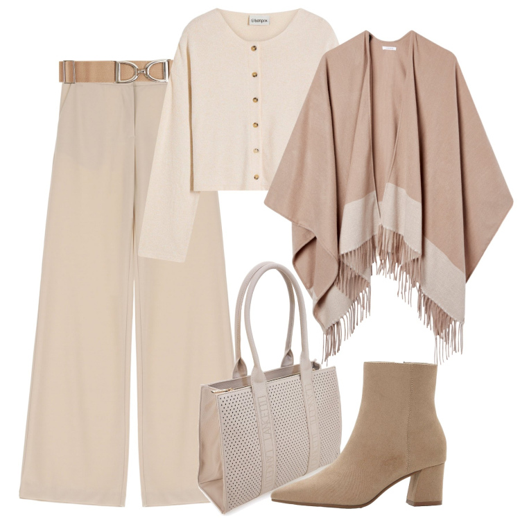 Outfit donna - Colori neutri al lavoro. Stile Casual chic per Ufficio. Abbinamento con stivaletti, cardigans, cinture, cappe, pantaloni, borse a spalla.