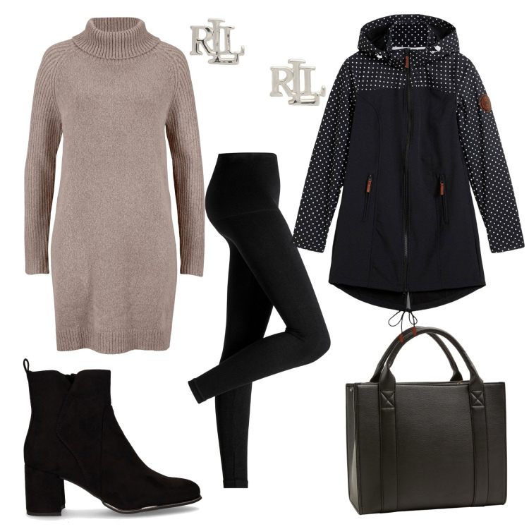 Outfit donna - Total look #2258984. Stile Casual chic per Tutti i giorni. Abbinamento con leggings, maglieria, blazer, borse tote, orecchini, stivaletti.