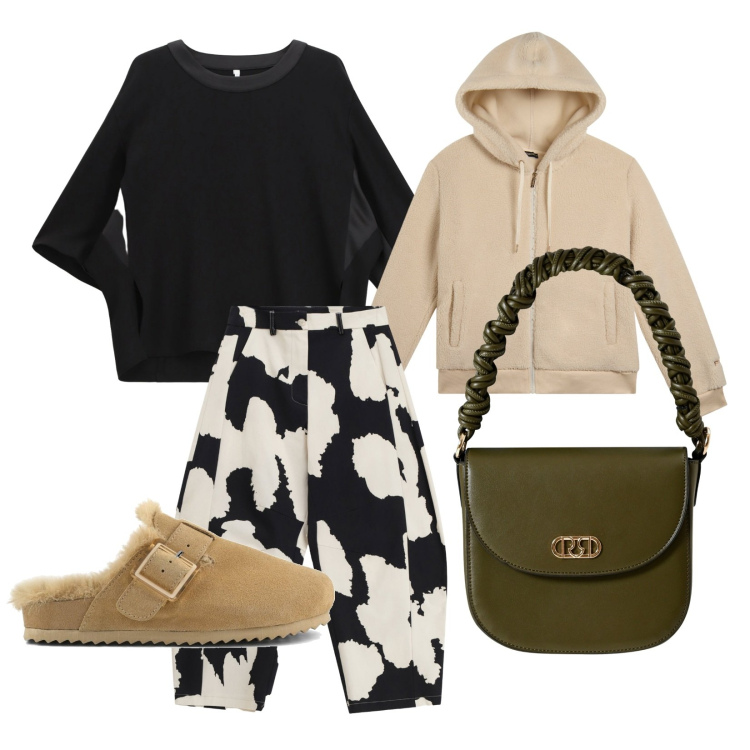 Outfit donna - Stile cozy per l\'autunno. Stile Casual per Tutti i giorni. Abbinamento con borse a mano, pantaloni a palazzo, felpe, bomber, sabot.