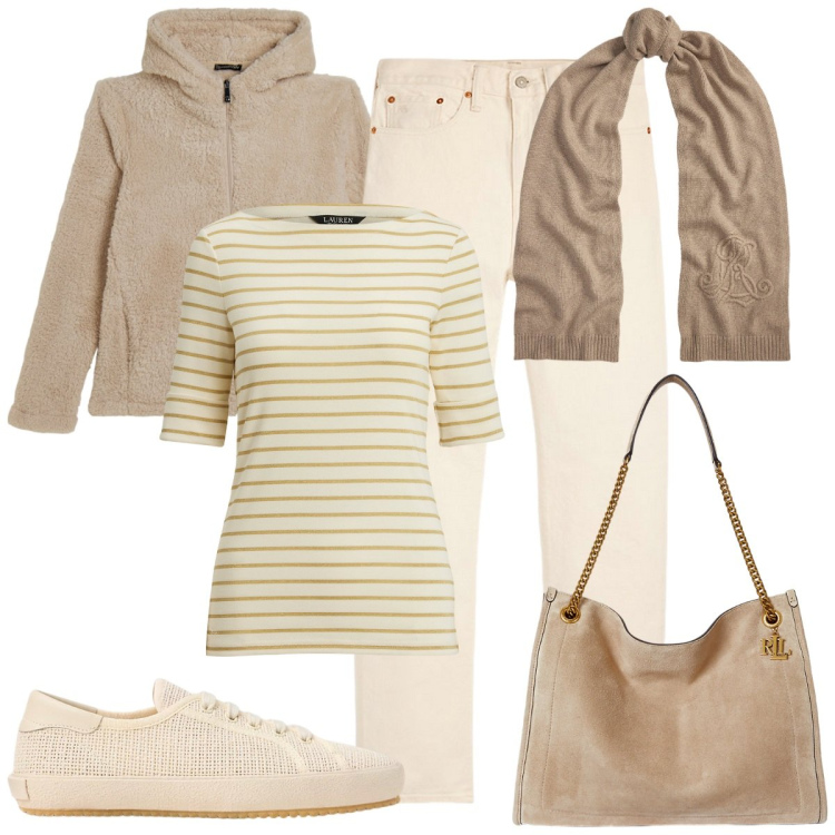 Outfit donna - Colori tenui. Stile Basic per Tutti i giorni. Abbinamento con felpe con cappuccio, jeans dritti, borse tote, sciarpe, t-shirt, sneakers.