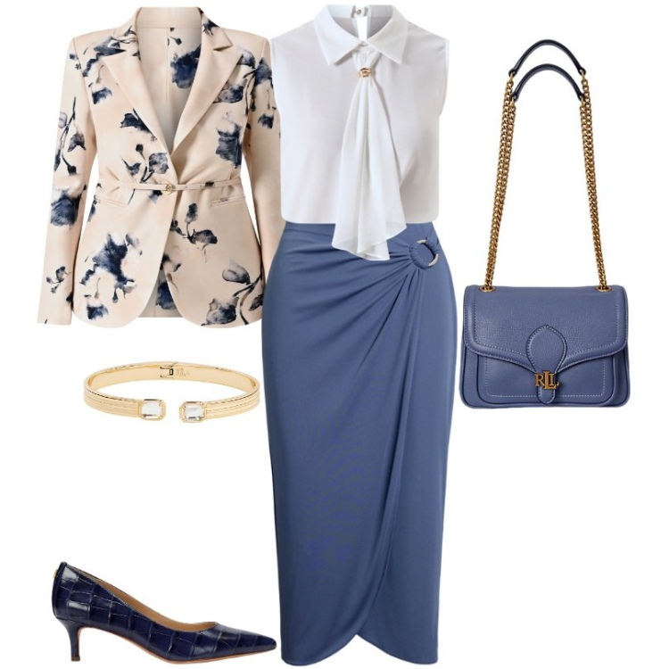 Outfit donna - Valorizza il fisico a rettangolo. Stile Chic per Tutti i giorni. Abbinamento con blazer, top, décolleté, gonne, borse a spalla, braccialetti.