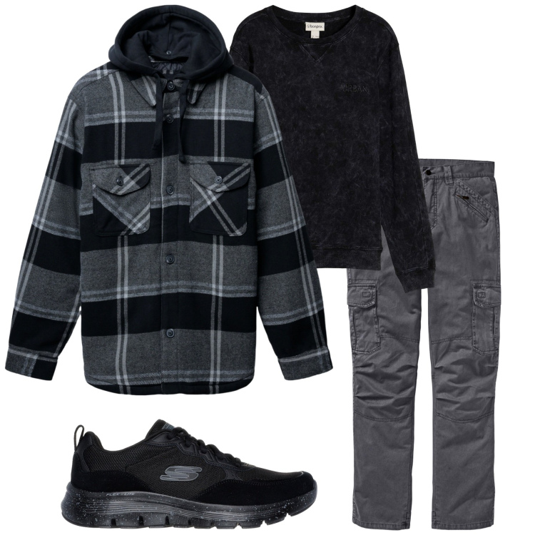 Outfit uomo - Giacca scozzese con cappuccio. Stile Casual per Tutti i giorni. Abbinamento con pantaloni cargo, felpe, giacche, sneakers.