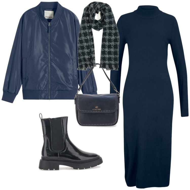 Outfit donna - Total look #2258990. Stile Minimal per Tutti i giorni. Abbinamento con vestiti, bomber, anfibi, borse a tracolla, sciarpe.