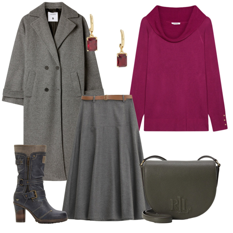 Outfit donna - Total look #2258991. Stile Casual chic per Ufficio. Abbinamento con stivali, cappotti, gonne lunghe, orecchini, borse a tracolla, maglieria.