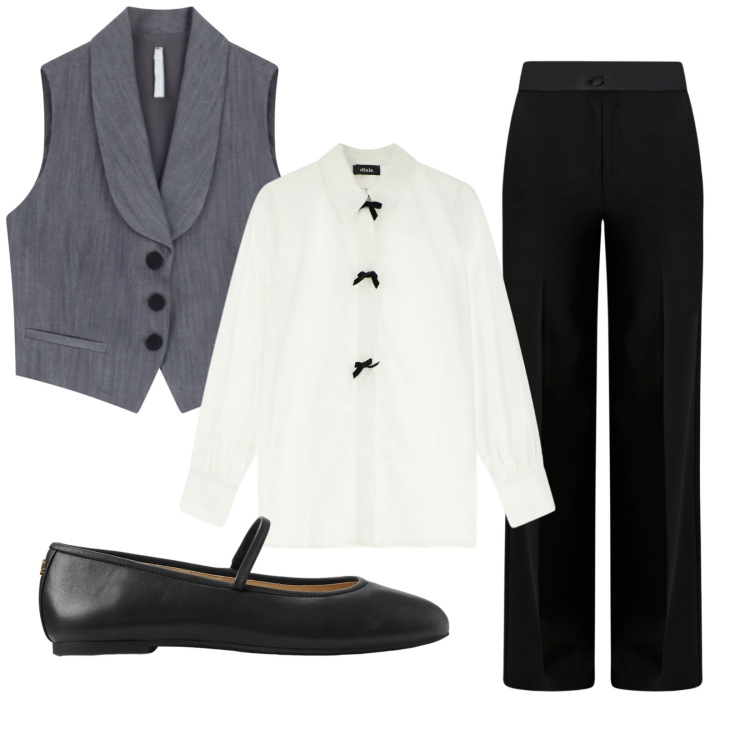Outfit donna - Mannish per l\'ufficio. Stile Mannish per Ufficio. Abbinamento con pantaloni a palazzo, gilet, camicie, ballerine.