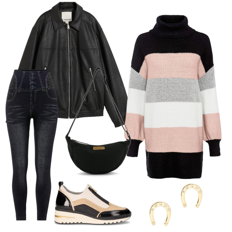 Outfit donna - Total look #2258995. Stile Casual chic per Ufficio. Abbinamento con maglieria, jeggings, blazer, orecchini, sneakers alte, borse a tracolla.