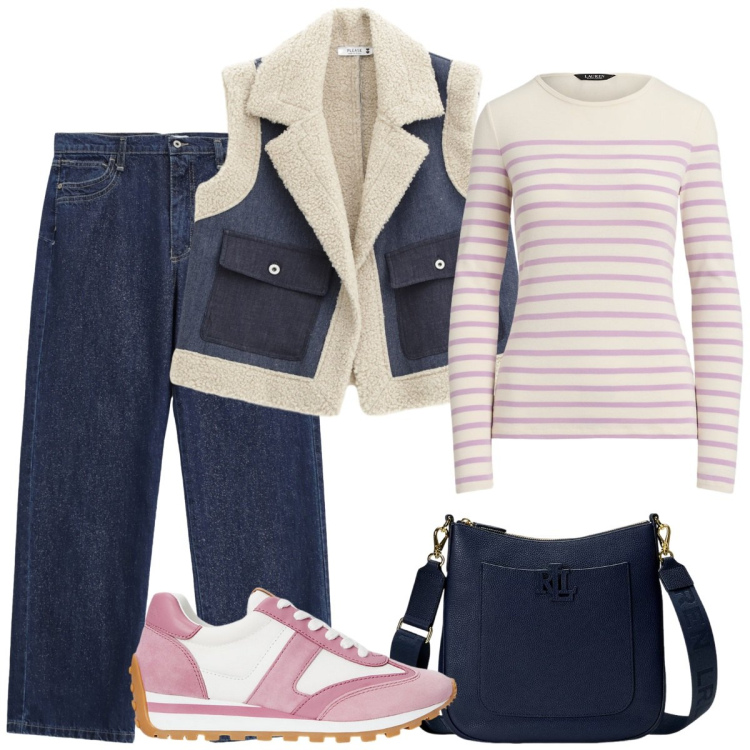 Outfit donna - Rosa. Stile Basic per Ufficio. Abbinamento con gilet, jeans dritti, sneakers, borse a tracolla, t-shirt.