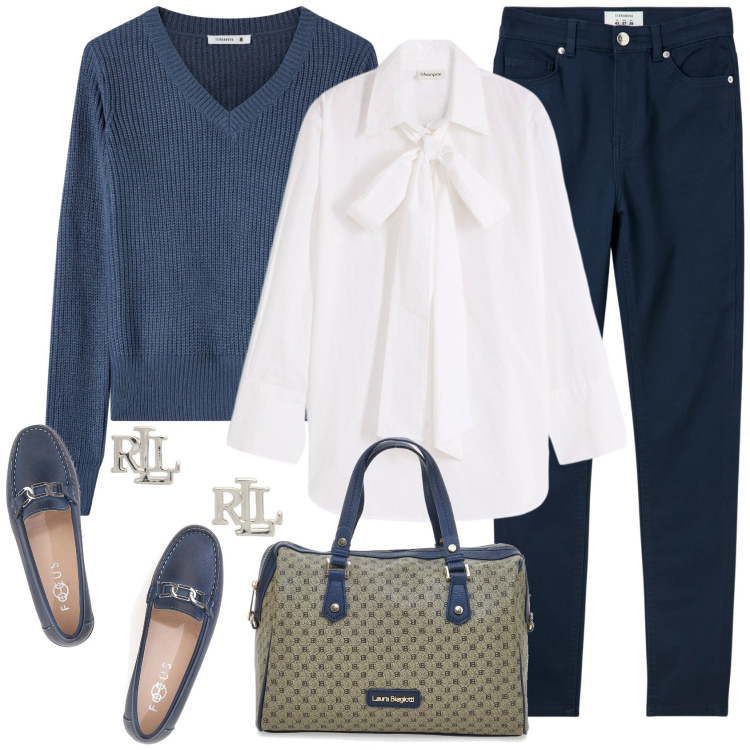 Outfit donna - Aspettando l\'inverno!. Stile Casual chic per Tutti i giorni. Abbinamento con camicie, pantaloni skinny, maglieria, orecchini, borse a spalla, mocassini.