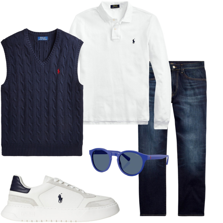 Outfit uomo - Basic style. Stile Urban per Tutti i giorni. Abbinamento con jeans dritti, polo, occhiali da sole, maglieria, sneakers.