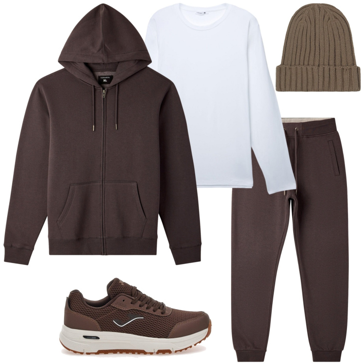 Outfit uomo - Corsa nel parco. Stile Casual per Sport. Abbinamento con felpe con cappuccio, pantaloni, t-shirt, sneakers, berretti.