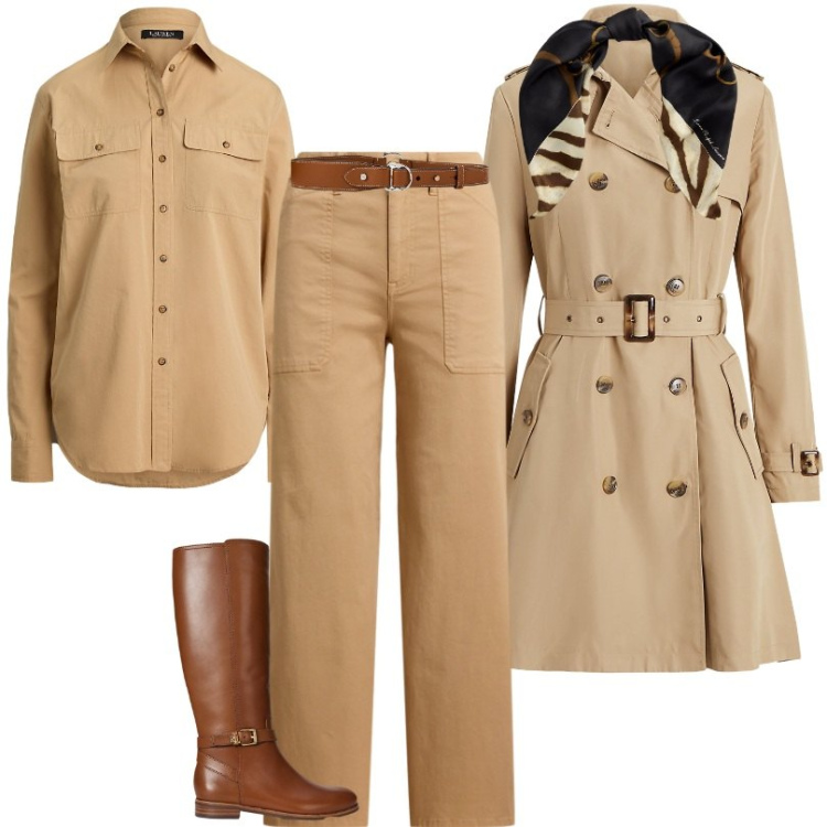 Outfit donna - Vacanza in australia in stile safari. Stile Casual per Tutti i giorni. Abbinamento con foulard, pantaloni, cinture, stivali, trench, camicie.