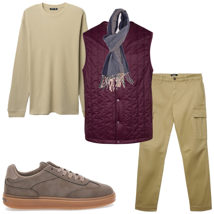 Outfit uomo - Gilet trapuntato. Stile Casual per Tutti i giorni. Abbinamento con maglieria, pantaloni cargo, sciarpe, piumini, sneakers.
