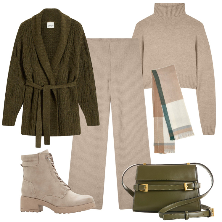 Outfit donna - Calda lana in città. Stile Urban per Tutti i giorni. Abbinamento con borse a tracolla, cardigans, stivaletti, maglieria, pantaloni, sciarpe.