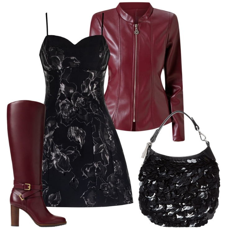 Outfit donna - A cena con lui. Stile Glamour per Serata fuori. Abbinamento con blazer, vestiti corti, pochette, stivali.