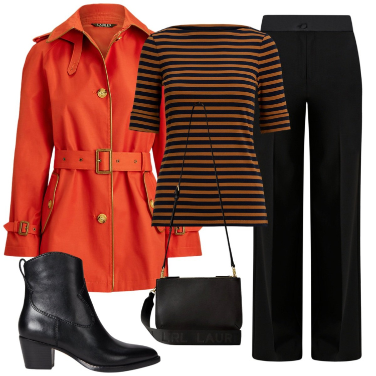 Outfit donna - Halloween si avvicina. Stile Basic per Serata fuori. Abbinamento con pantaloni a palazzo, borse a tracolla, trench, t-shirt, stivaletti.