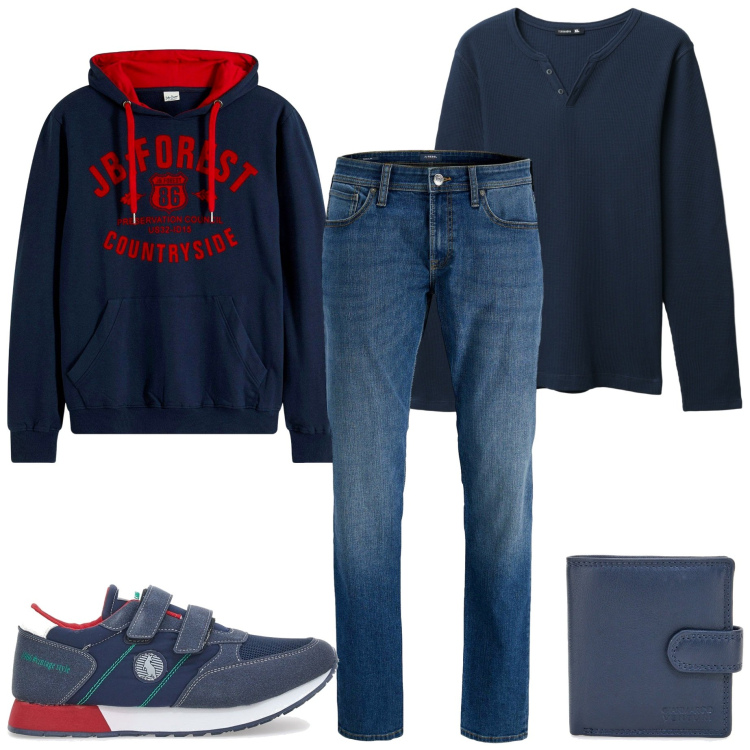 Outfit uomo - A Casa di amici. Stile Casual per Serata speciale. Abbinamento con felpe con cappuccio, jeans, t-shirt, portafogli, sneakers.