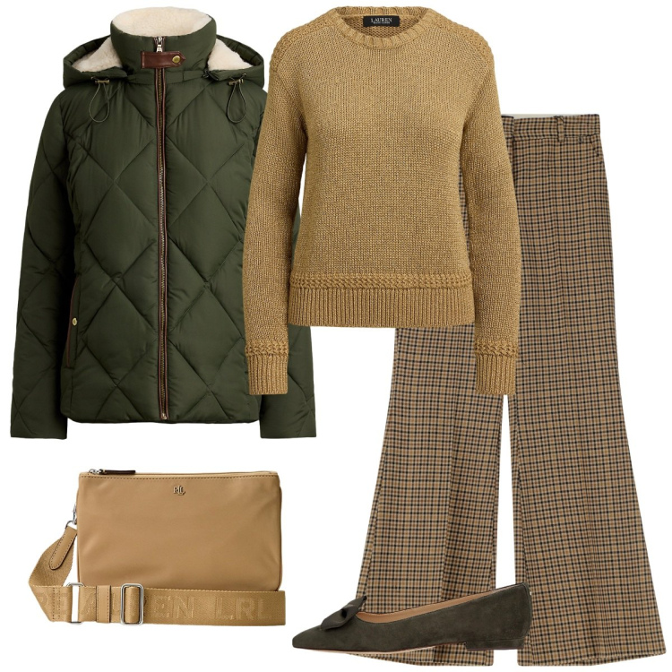 Outfit donna - Il piumino verde. Stile Basic per Ufficio. Abbinamento con pantaloni, ballerine, borse a tracolla, giacche, maglieria.
