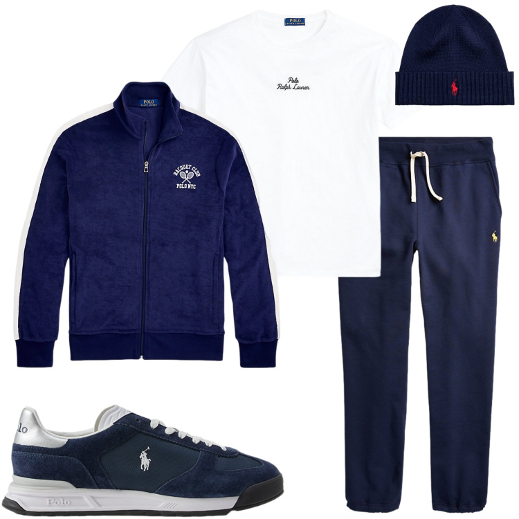 Outfit uomo - Polo Ralph Lauren. Stile Casual per Sport. Abbinamento con berretti, t-shirt, sneakers, pantaloni sportivi, giacche sportive.