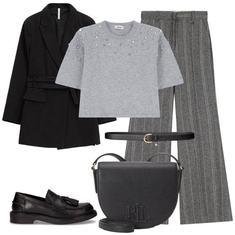 Outfit donna - Serata in pizzeria. Stile Basic per Serata fuori. Abbinamento con blazer, maglieria, pantaloni, cinture, borse a tracolla, mocassini.
