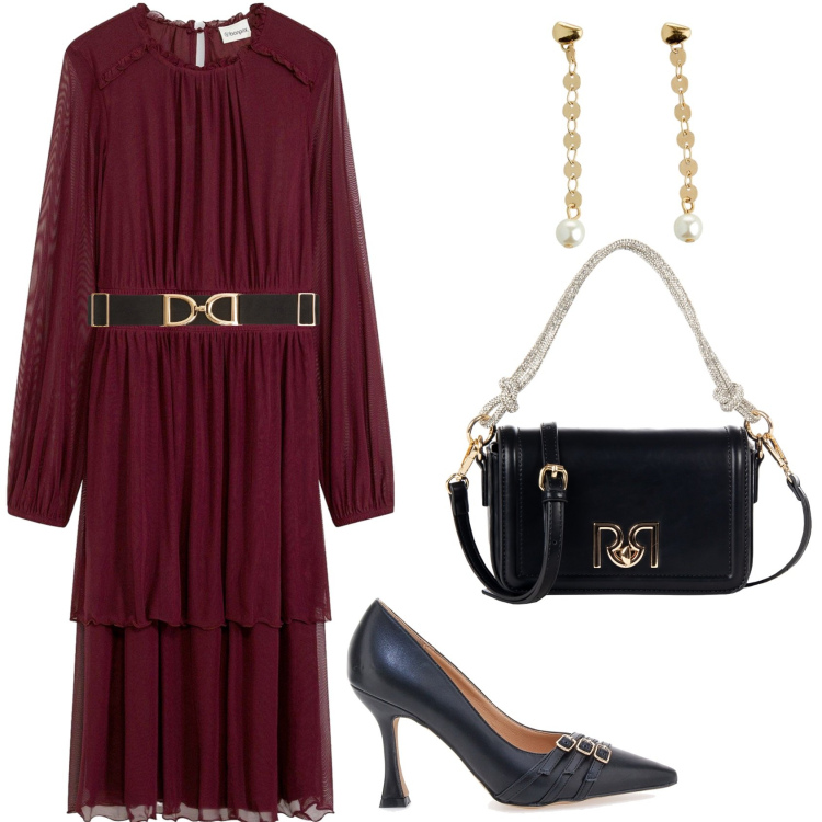 Outfit donna - Glamour fall Outfit. Stile Glamour per Serata fuori. Abbinamento con vestiti, orecchini, cinture, borse a mano, décolleté.