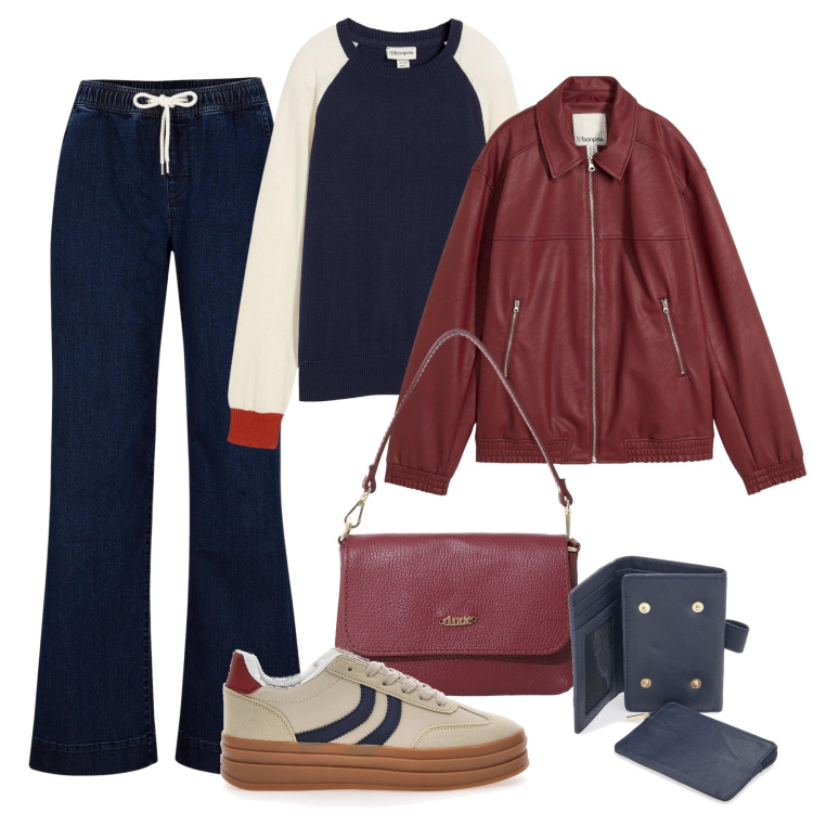 Outfit donna - In biblioteca. Stile Casual per Scuola/Università. Abbinamento con jeans, blazer, maglieria, borse a tracolla, sneakers, portafogli.
