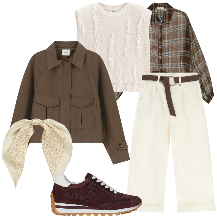 Outfit donna - Look a strati. Stile Casual chic per Tutti i giorni. Abbinamento con pantaloni, maglieria, bomber, camicie, sneakers, foulard.