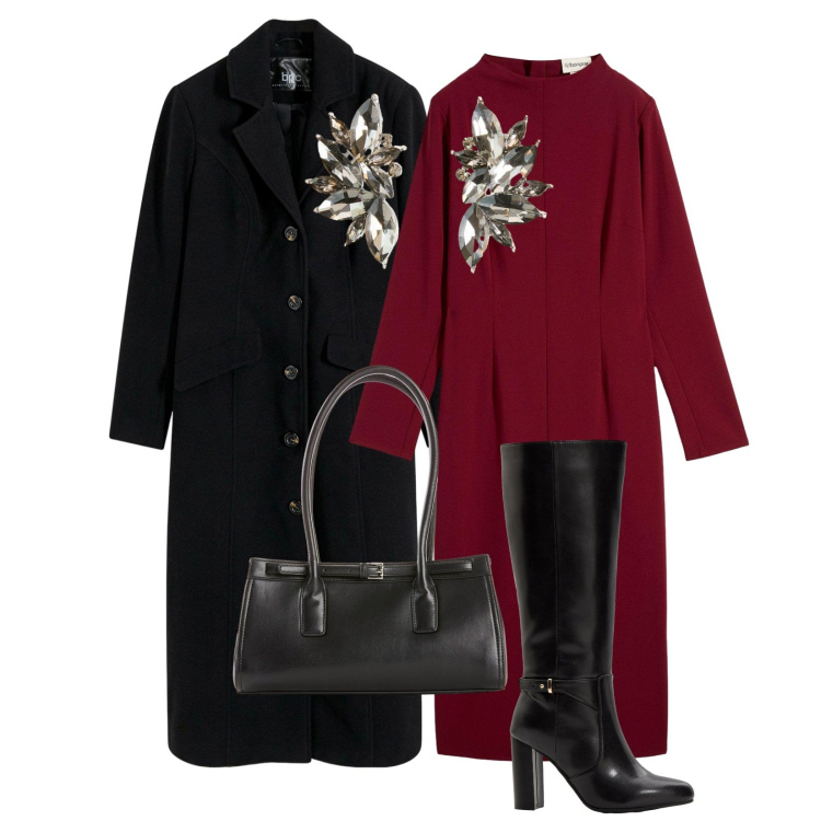 Outfit donna - L\'abito rosso. Stile Trendy per Ufficio. Abbinamento con cappotti, vestiti midi/longuette, orecchini, stivali, borse a mano.
