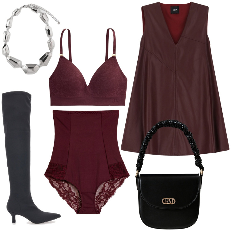 Outfit donna - Serata disco. Stile Glamour per Serata fuori. Abbinamento con culotte, borse a mano, vestiti corti, reggiseni, stivali, ciondoli.