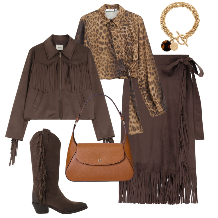 Outfit donna - Tendenza frange. Stile Trendy per Serata fuori. Abbinamento con camicie, gonne, stivali, blazer, borse a spalla, braccialetti con ciondoli.