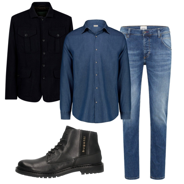 Outfit uomo - Total look #2259051. Stile Casual per Ufficio. Abbinamento con jeans dritti, camicie, giacche, stivali e stivaletti.