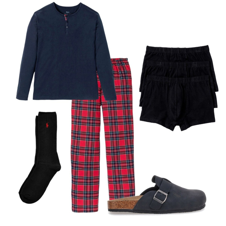 Outfit uomo - Buonanotte. Stile Urban per Tutti i giorni. Abbinamento con abbigliamento da notte, boxer, calzini, sandali.