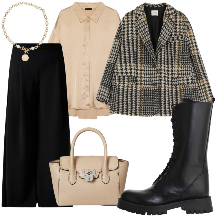 Outfit donna - Tenue e dark. Stile Casual chic per Ufficio. Abbinamento con pantaloni a palazzo, blazer, stivali, collane, borse a mano, camicie.