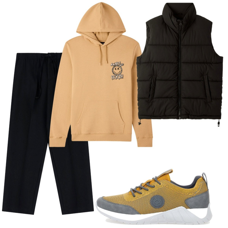Outfit uomo - Total look #2259057. Stile Urban per Tutti i giorni. Abbinamento con piumini, felpe con cappuccio, pantaloni, sneakers.