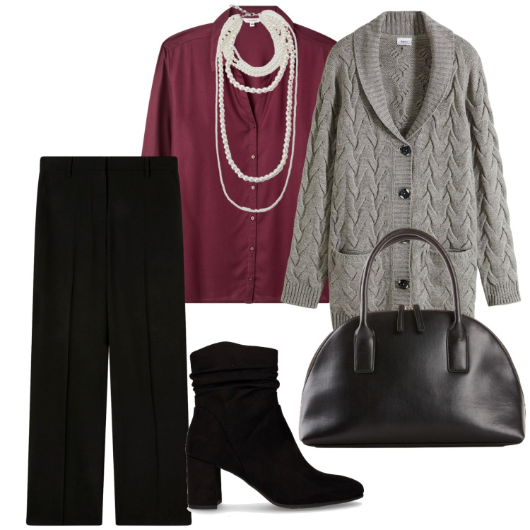 Outfit donna - Un pomeriggio qualunque. per Tutti i giorni. Abbinamento con cardigans, shopping bag, pantaloni a palazzo, camicie, collane, stivaletti.