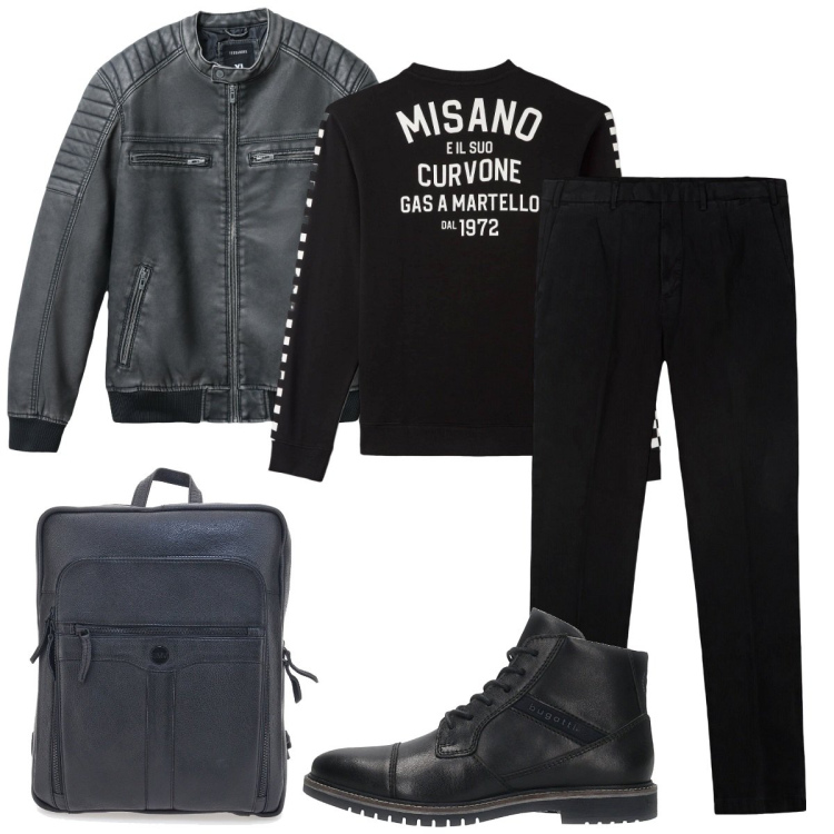 Outfit uomo - Total look #2259071. Stile Biker Rock per Serata speciale. Abbinamento con felpe, giacche, pantaloni, borse sportive, anfibi.