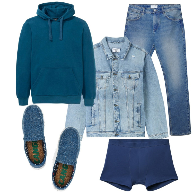 Outfit uomo - Total look #2259073. Stile Casual per Tutti i giorni. Abbinamento con felpe con cappuccio, boxer, jeans dritti, giacche, sneakers.
