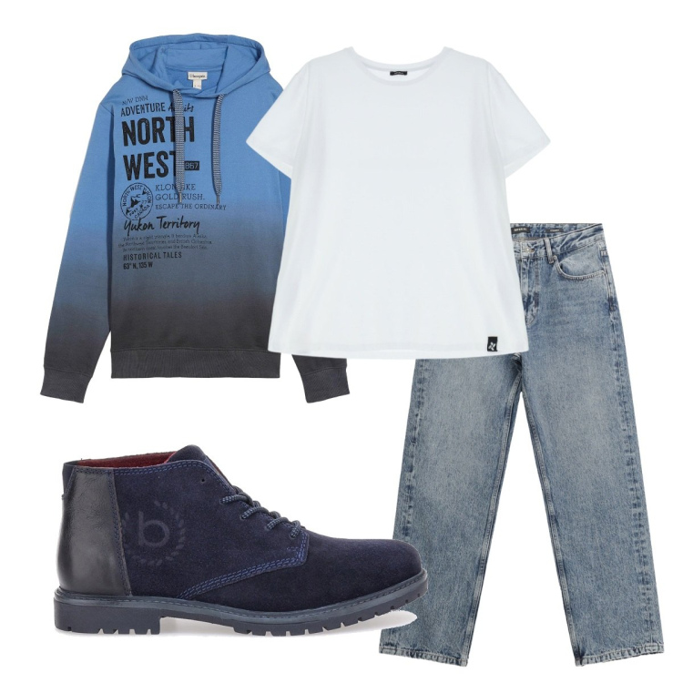 Outfit uomo - Total look #2259074. Stile Casual per Tutti i giorni. Abbinamento con felpe con cappuccio, jeans dritti, t-shirt, scarpe stringate.