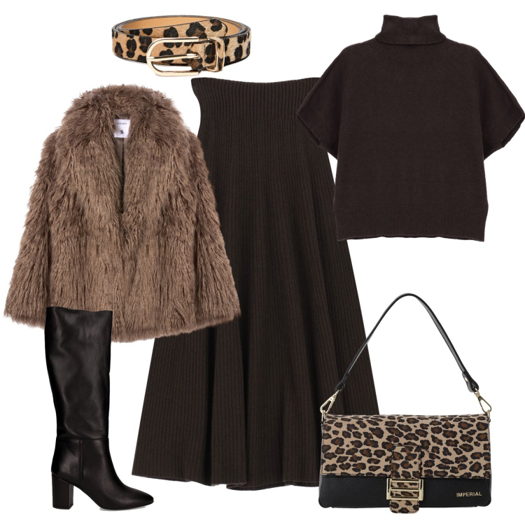 Outfit donna - Completo in lana di sera. Stile Chic per Serata fuori. Abbinamento con ecopellicce, maglieria, borse a spalla, gonne lunghe, cinture, stivali.