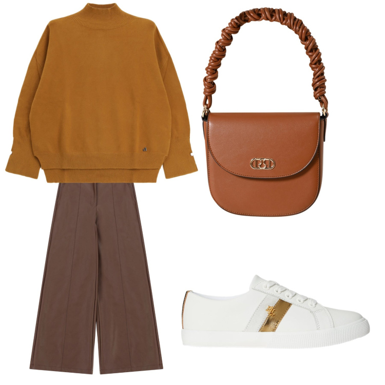 Outfit donna - Aperitivo. Stile Trendy per Tutti i giorni. Abbinamento con pantaloni a palazzo, maglieria, borse a mano, sneakers.
