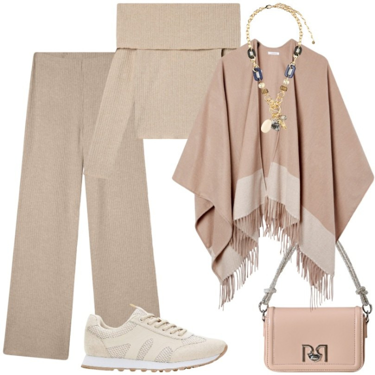 Outfit donna - Pantalone e maglia a coste sporty chic. Stile Sporty chic per Tutti i giorni. Abbinamento con sneakers, pantaloni, cappe, maglieria, borse a mano, collane.