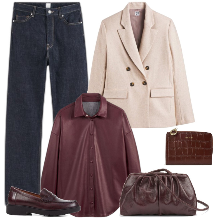 Outfit mujer - De Otoño. Estilo Casual para Todos los días. Combinación con vaqueros rectos, camisas, blazers, mocasines, bolsos de mano, monederos.