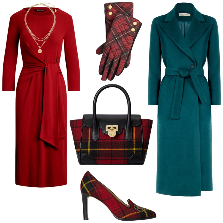 Outfit donna - Un tocco scozzese. Stile Casual chic per Tutti i giorni. Abbinamento con cappotti, décolleté, vestiti, ciondoli, guanti, borse a mano.